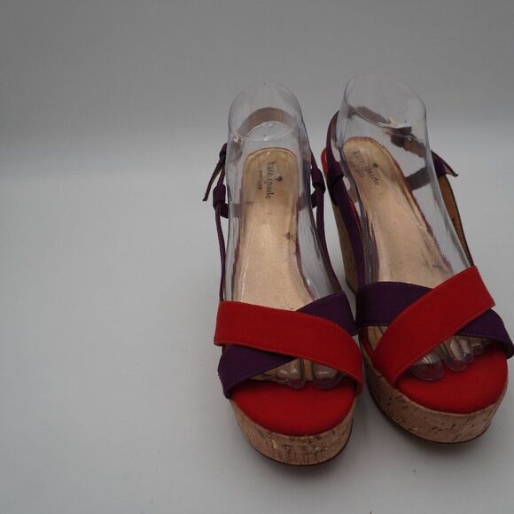 Kate Spade Penny Sandals Wedge Block Heels Red Purple Canvas Cork  Size 10M - Picture 1 of 7